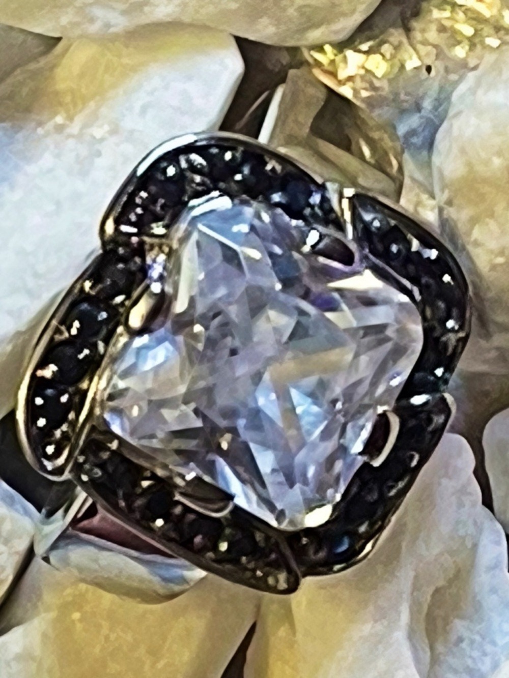 STATEMENT RING: Designer Black & White 14 CWT Rhodium Over Sterling Silver Sz 8